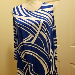 Chico's Geometric Royal Blue/White Cold-shoulder Tunic